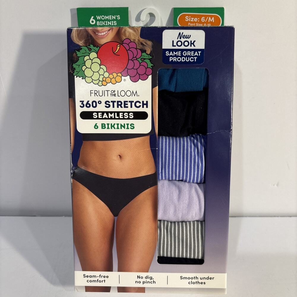 Women's Fruit Of The Loom 360 Stretch Seamless Bikinis 6 Pack Size 6/M NIB